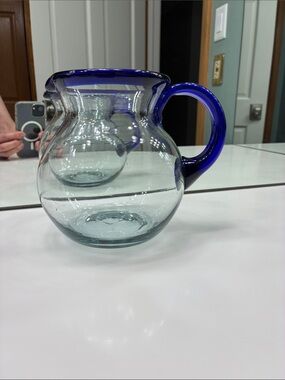 Margarita Glass Pitcher with Cobalt Blue Rim and Handle 2 Quart